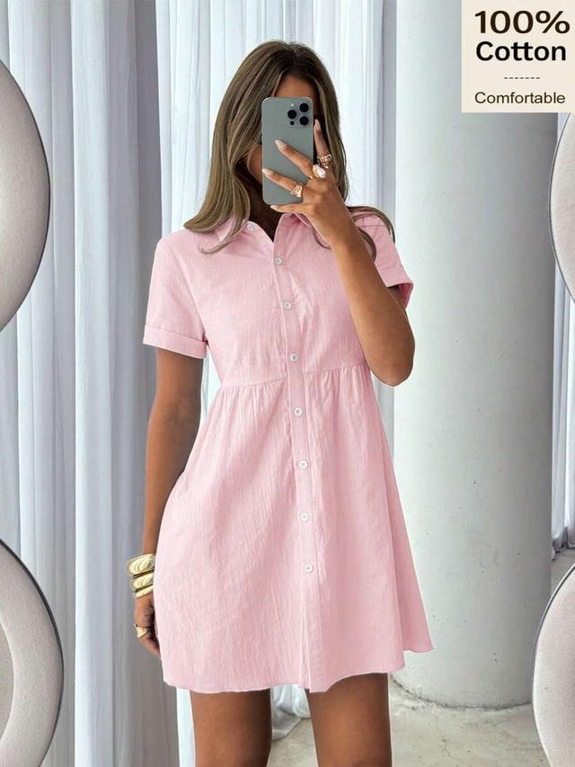 pink textured cotton button down shirt dress