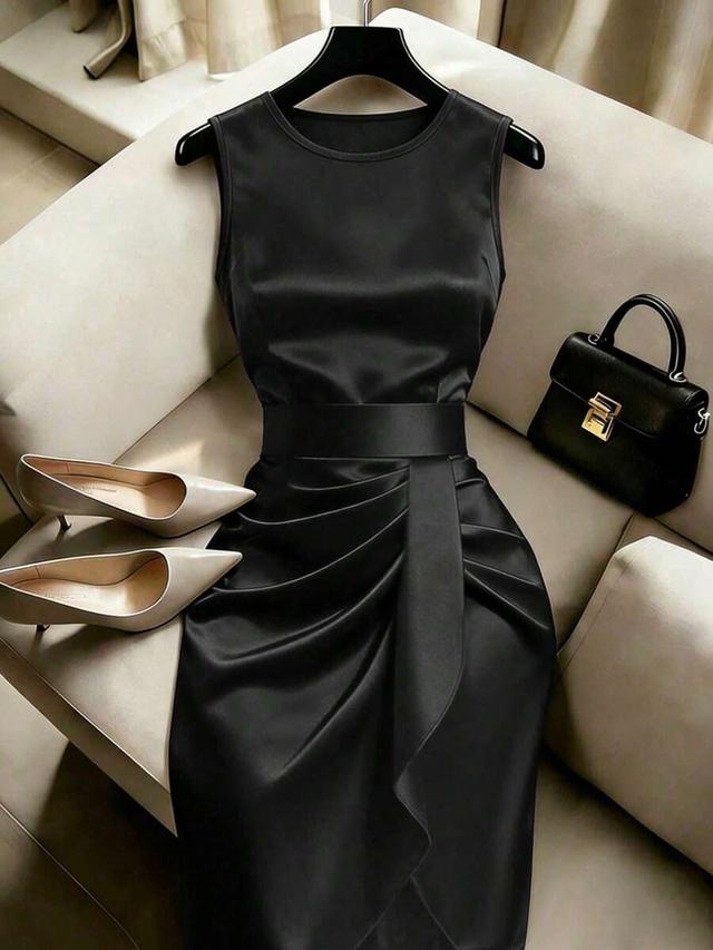 black satin sleeveless dress with draped waist detail