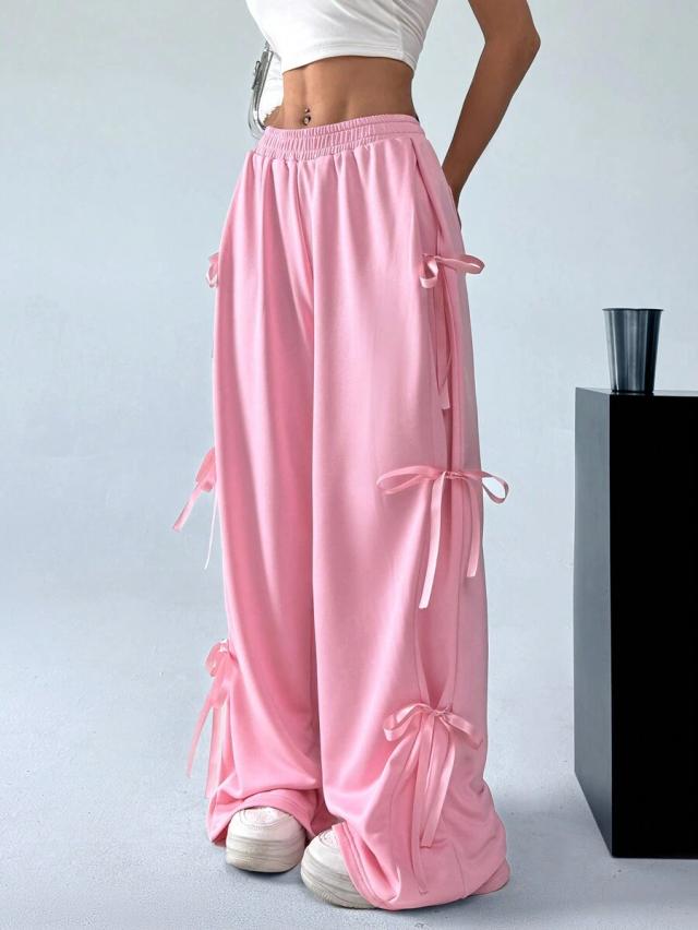 pink bow detail knot tie waist sweatpants