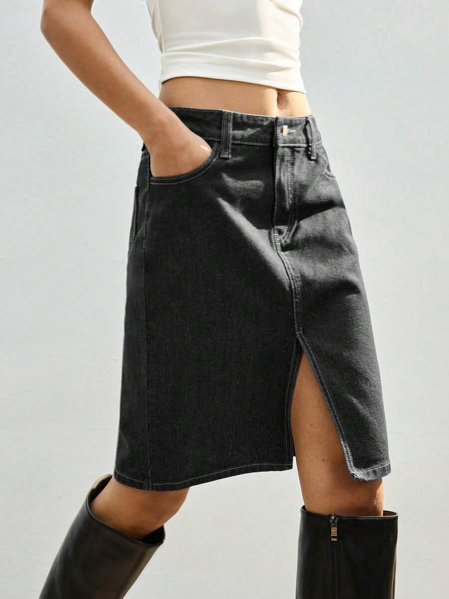 maija women's black denim midi skirt