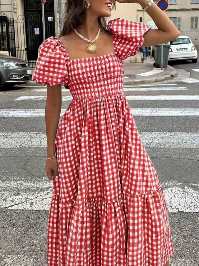 red and white gingham puff sleeve midi dress