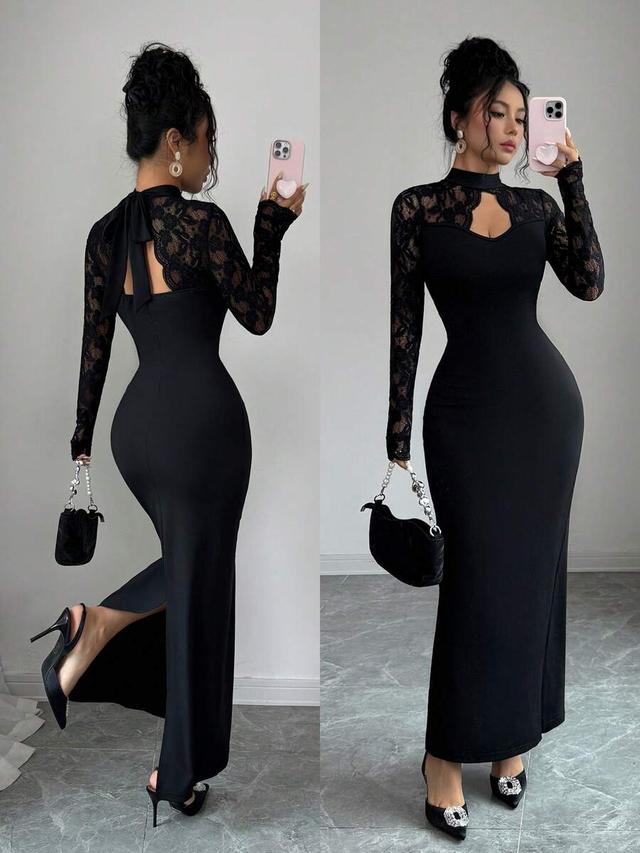 elegant black lace patchwork long sleeve evening dress
