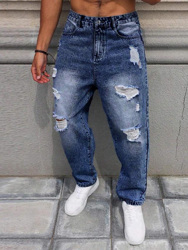 men's distressed washed denim loose fit jeans