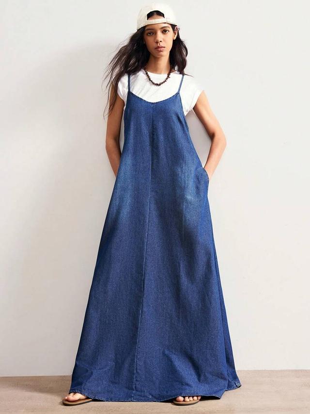 bohemela summer solid color denim suspender sleeveless casual dress