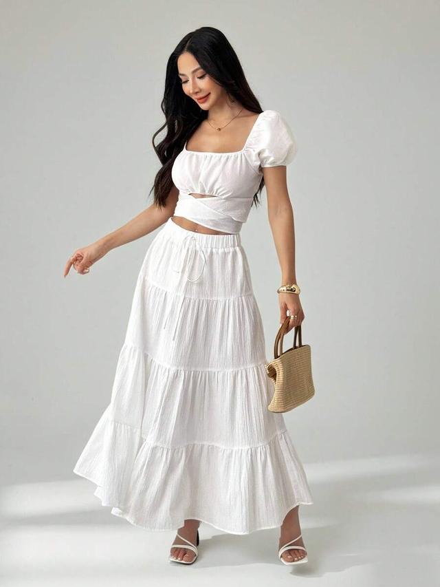 white linen multi-layer tiered maxi skirt