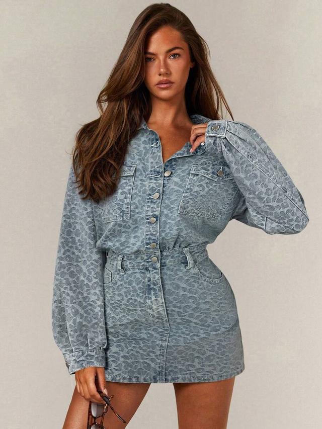 blue leopard print denim long-sleeved button-down dress