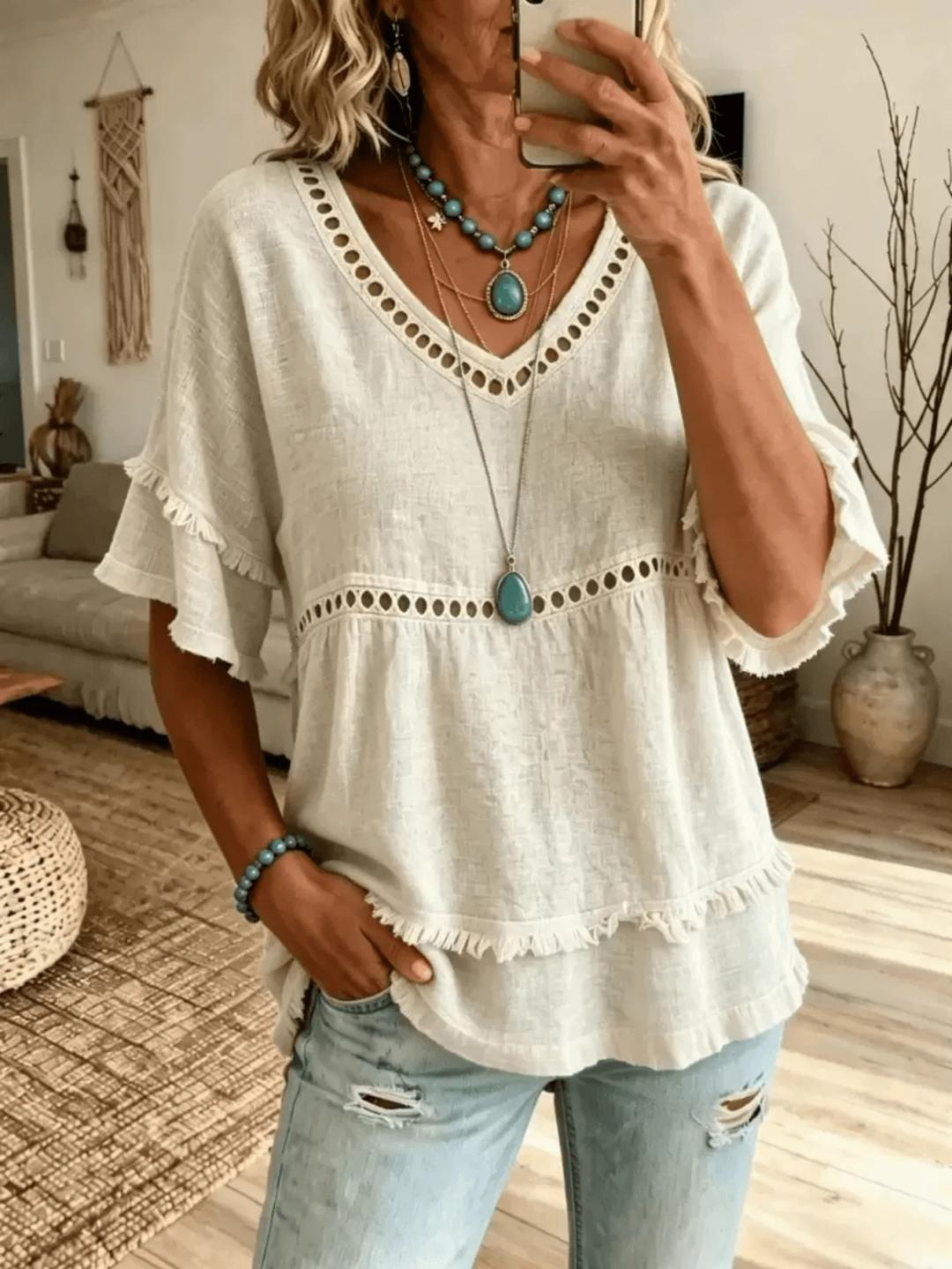 women's linen blend eyelet and fringe trim blouse