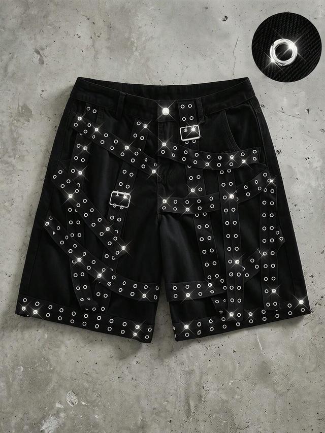 black grunge punk metal grommet webbing denim shorts