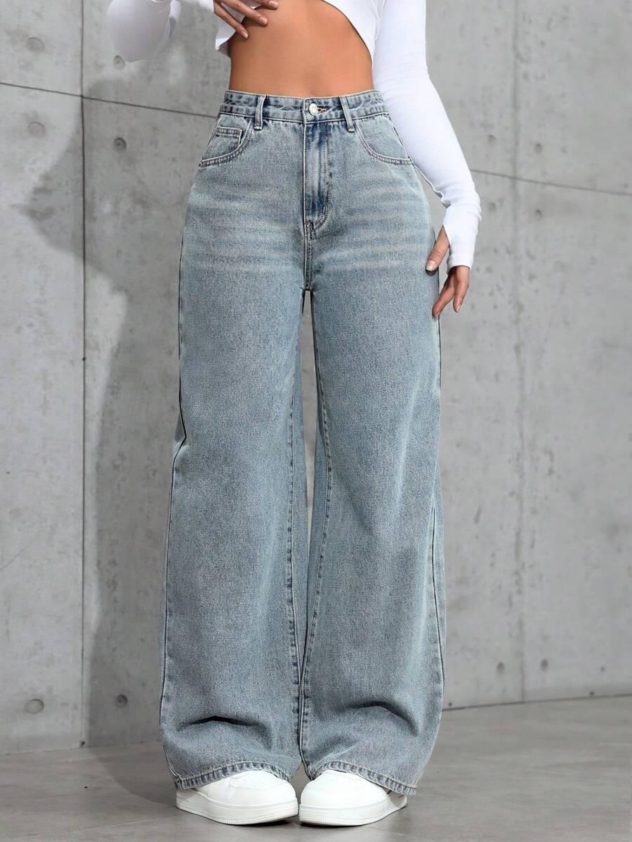 casual washed straight leg denim jeans