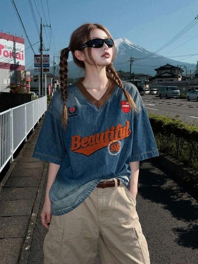 washed denim v-neck embroidered casual top