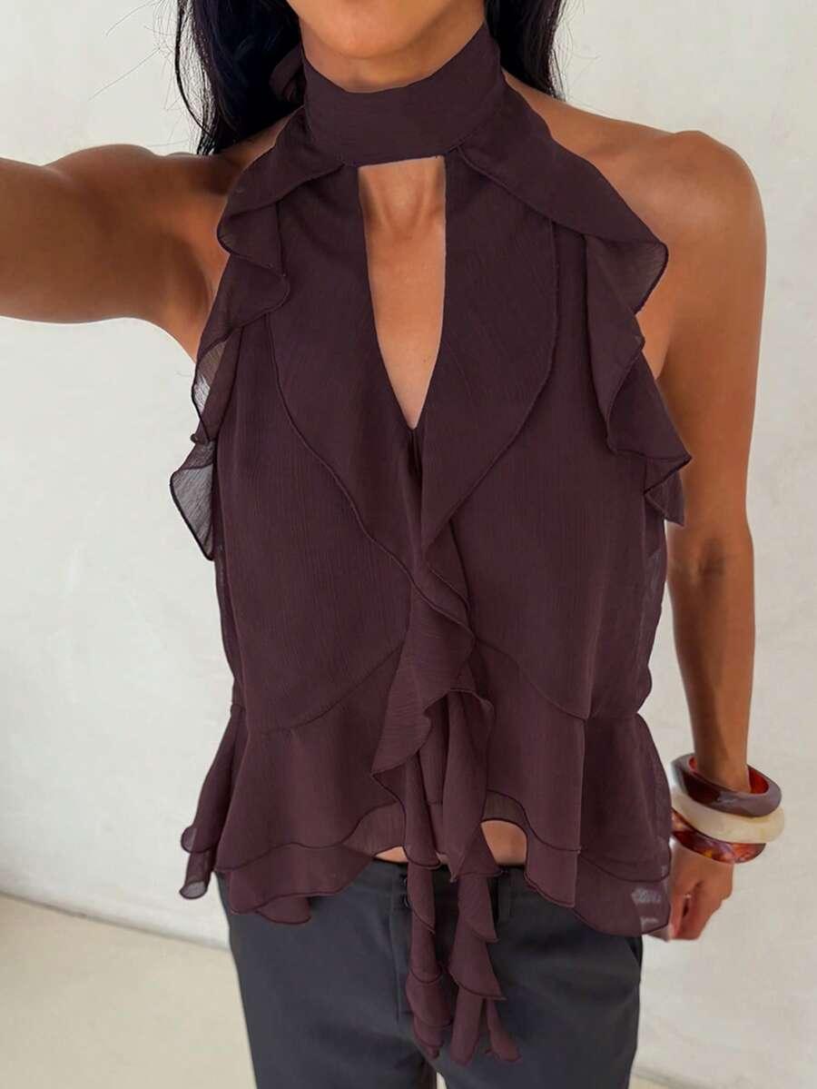 burgundy chiffon sleeveless blouse with ruffle trim