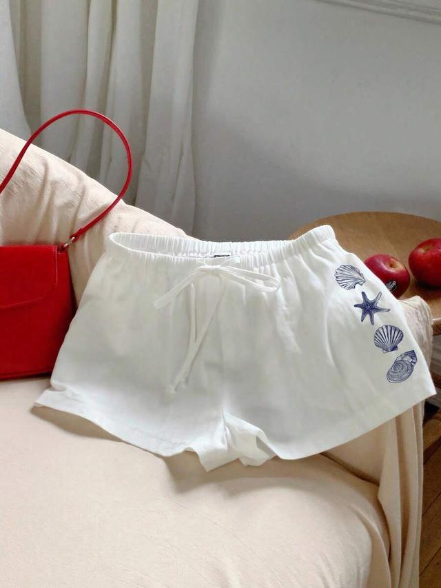 white cotton shell starfish print tie-up shorts