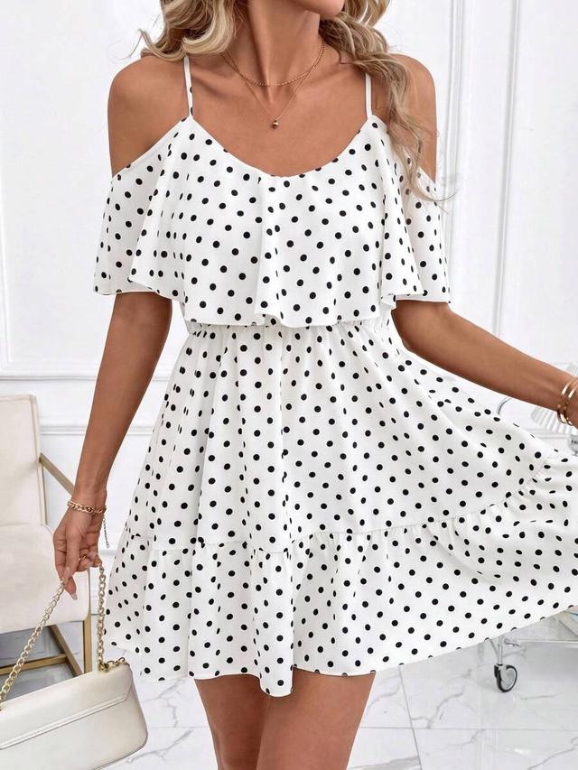 white brown polka dot off-shoulder ruffle a-line dress