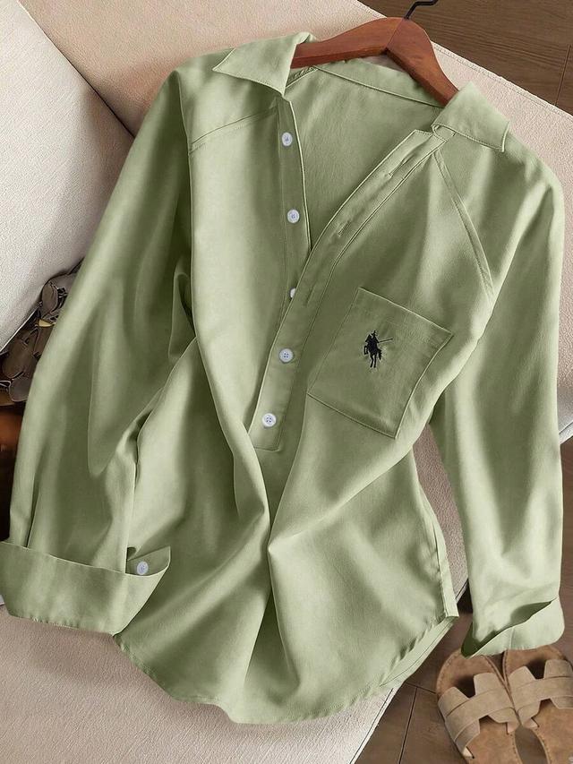 resyla women's solid color minimalist relaxed fit embroidered blouse