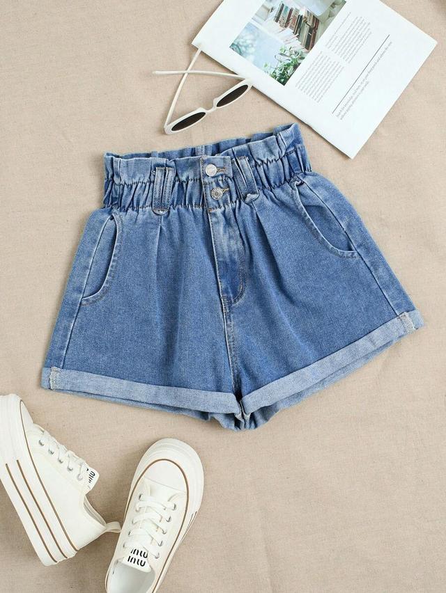 high waisted paperbag waist denim shorts