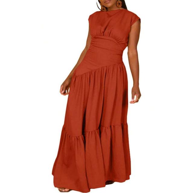rust sleeveless linen blend tiered maxi dress