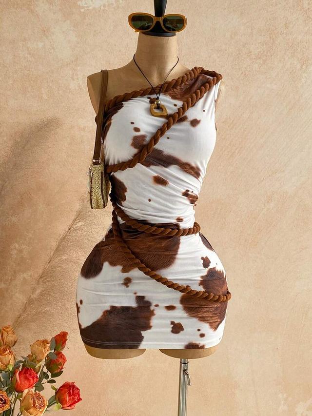 animal print one shoulder mini dress with rope trim