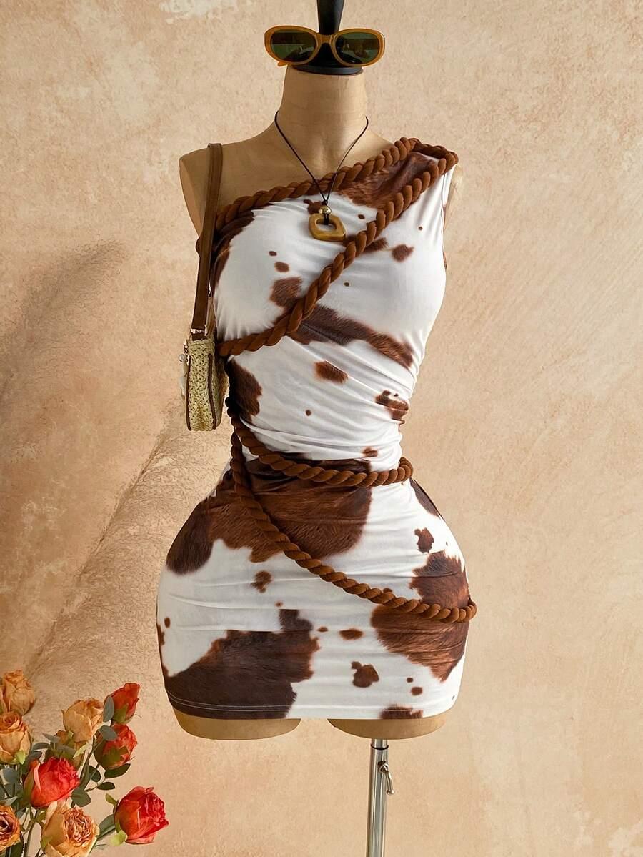 animal print one shoulder mini dress with rope trim