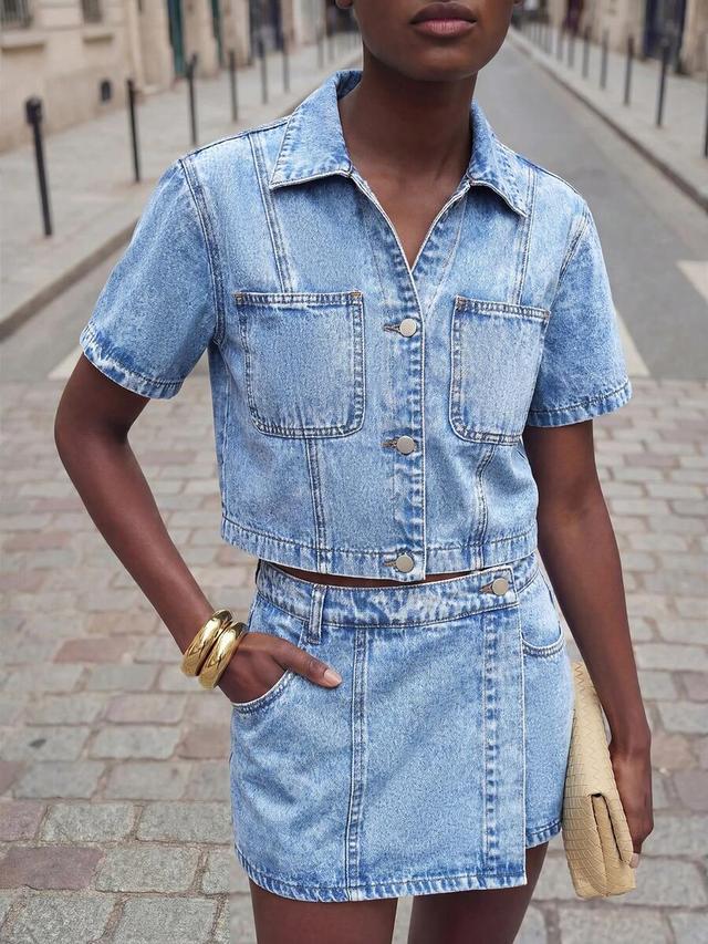 light blue denim short sleeve crop top skort set