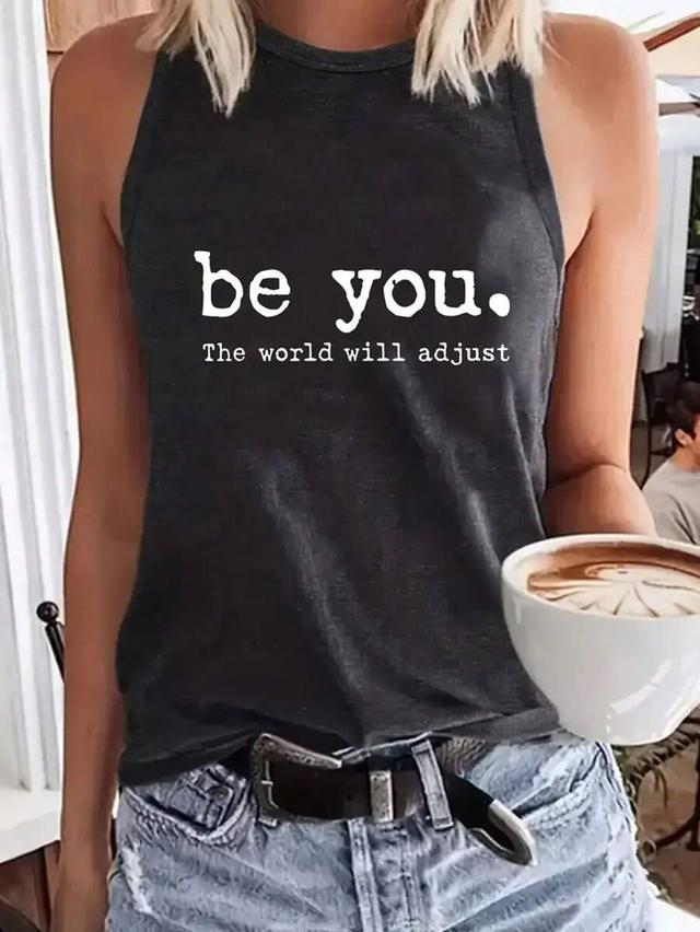 grey letter print round neck casual tank top
