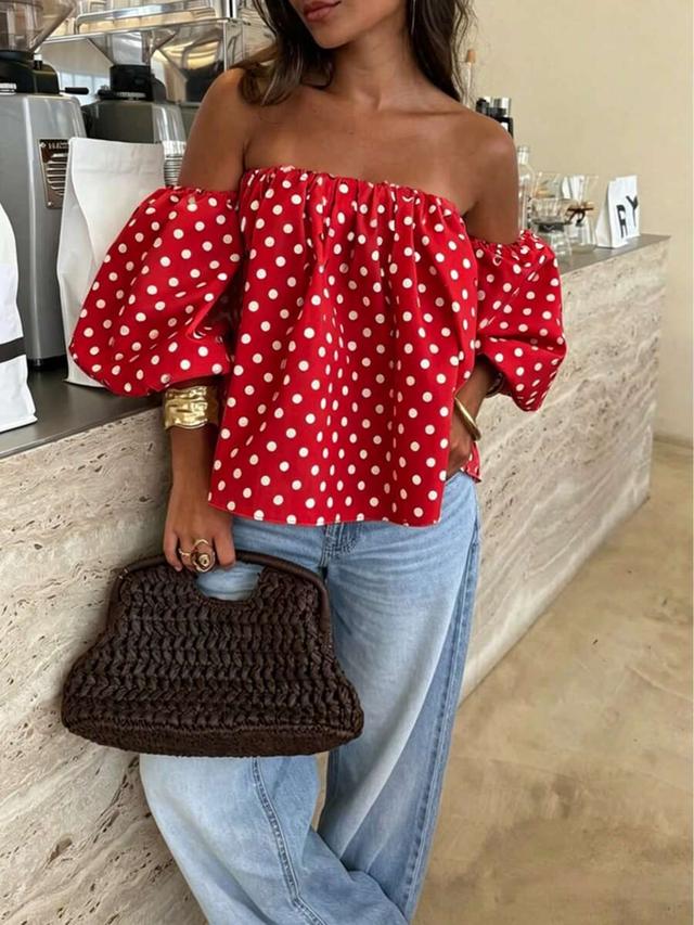 women's red polka dot off-shoulder pleated top