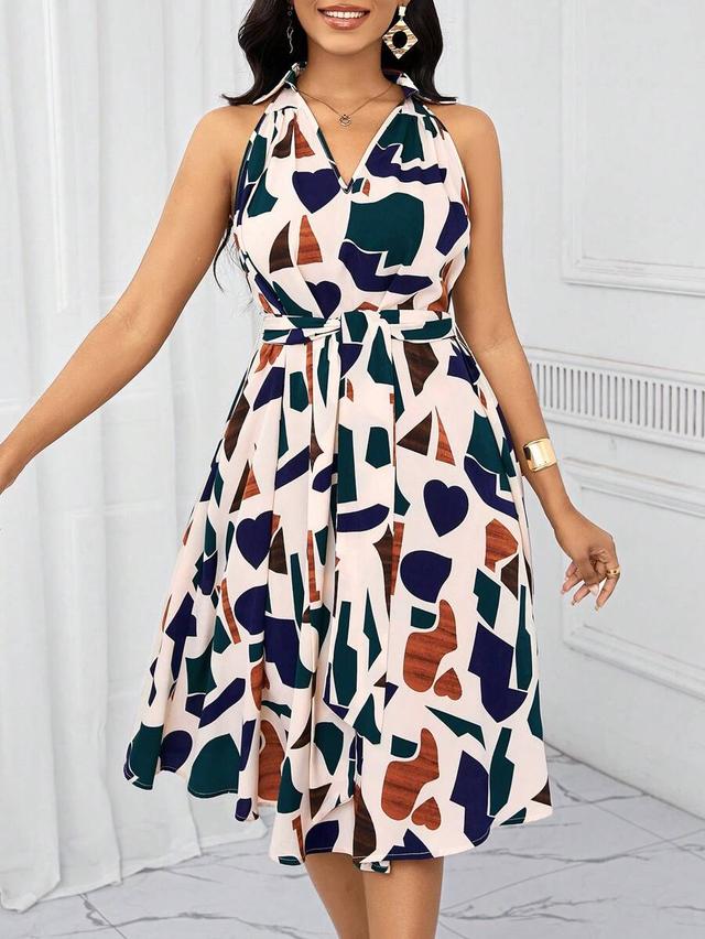 geometric print sleeveless bow waist summer dress