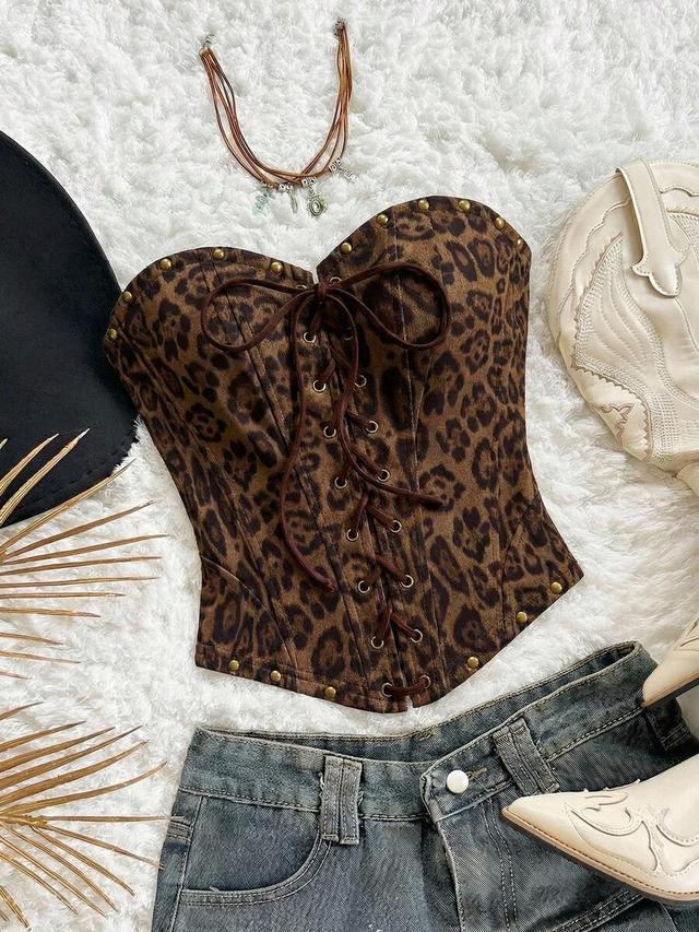 dark brown leopard print strapless corset crop top