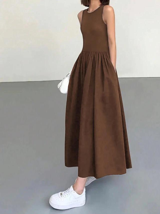 aurorasilk solid color sleeveless casual patchwork midi dress