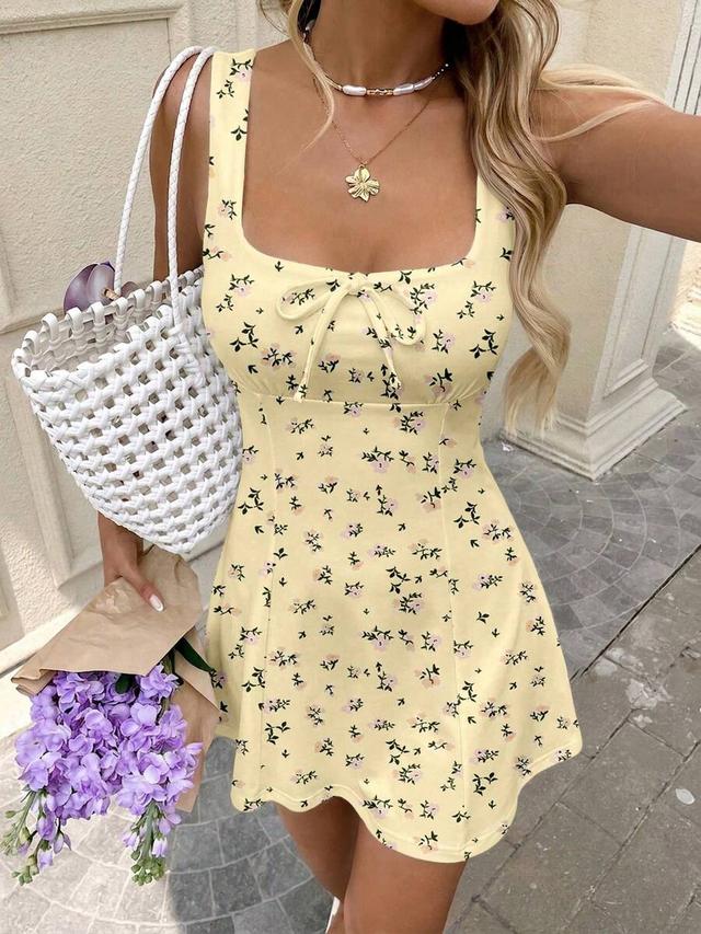 yellow floral romantic mini dress