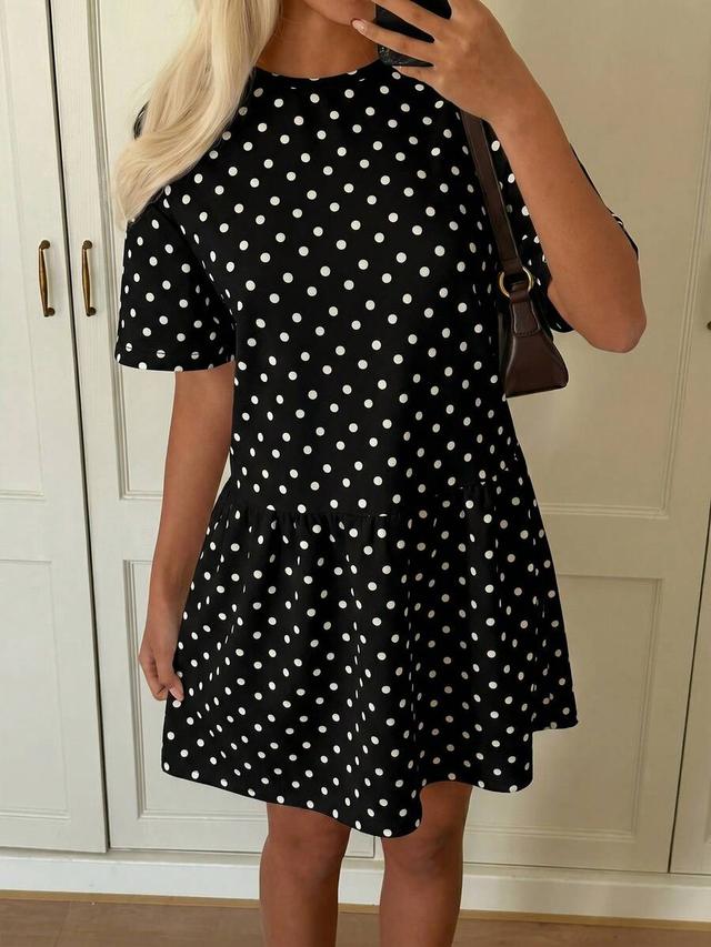 polka dot round neck drop waist mini dress