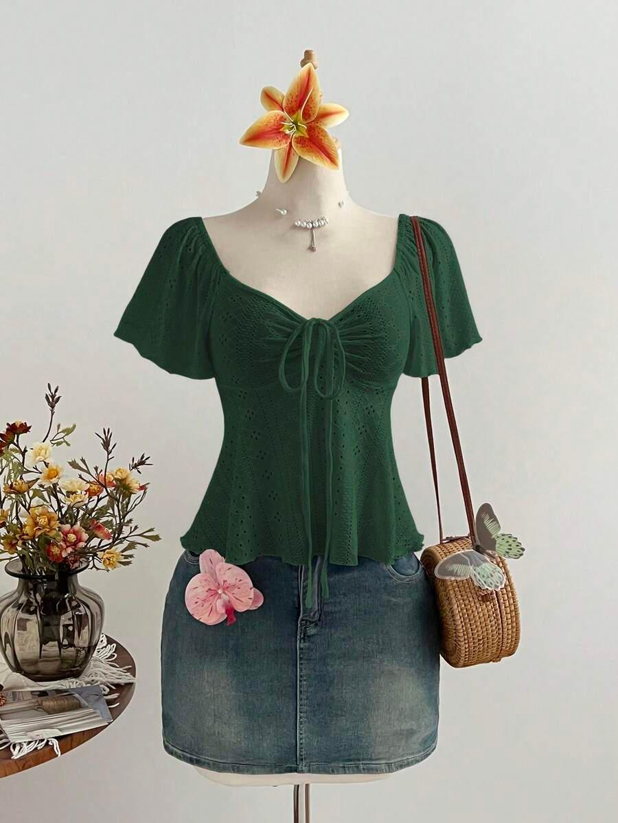 french style green knit jacquard drawstring v-neck top