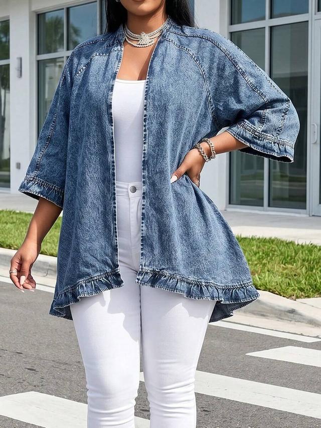 women's open front ruffle hem denim kimono coat