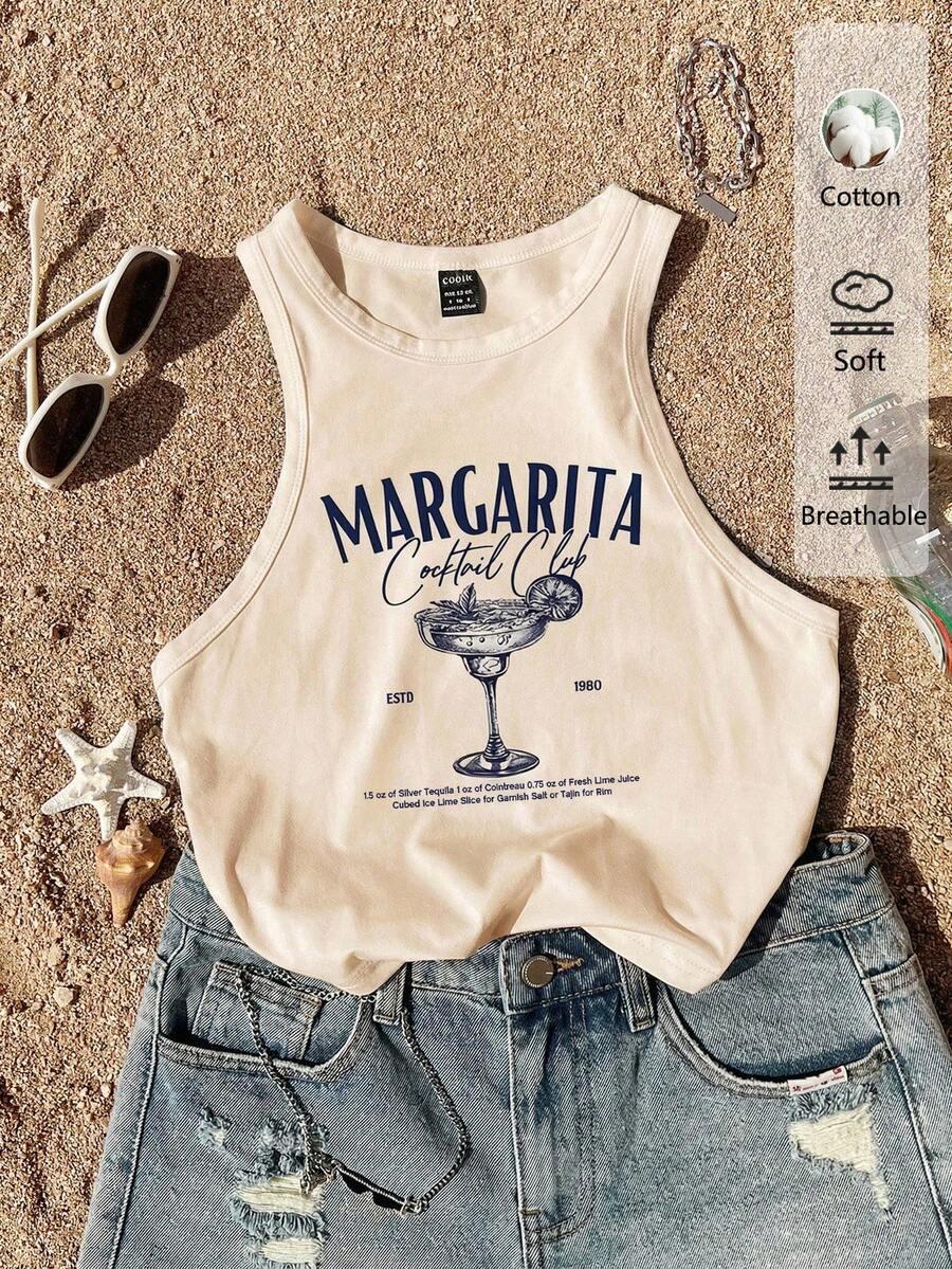 minimalist beige round neck cocktail print tank top