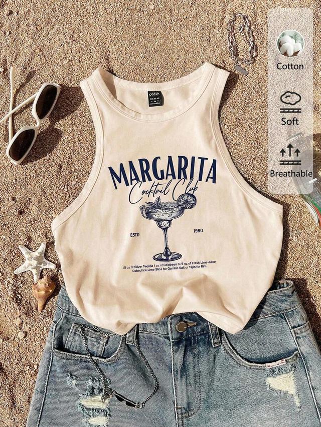 minimalist beige round neck cocktail print tank top