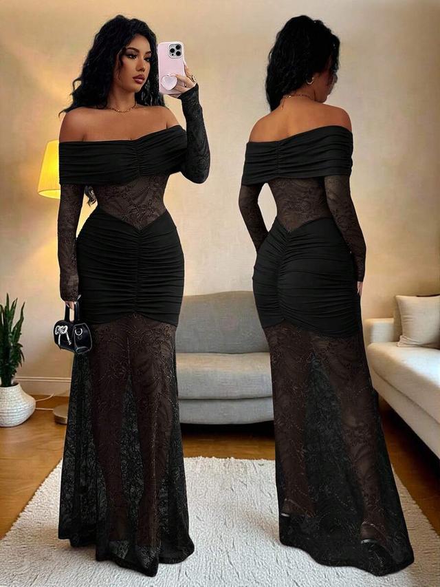 black off shoulder lace bodycon midi dress
