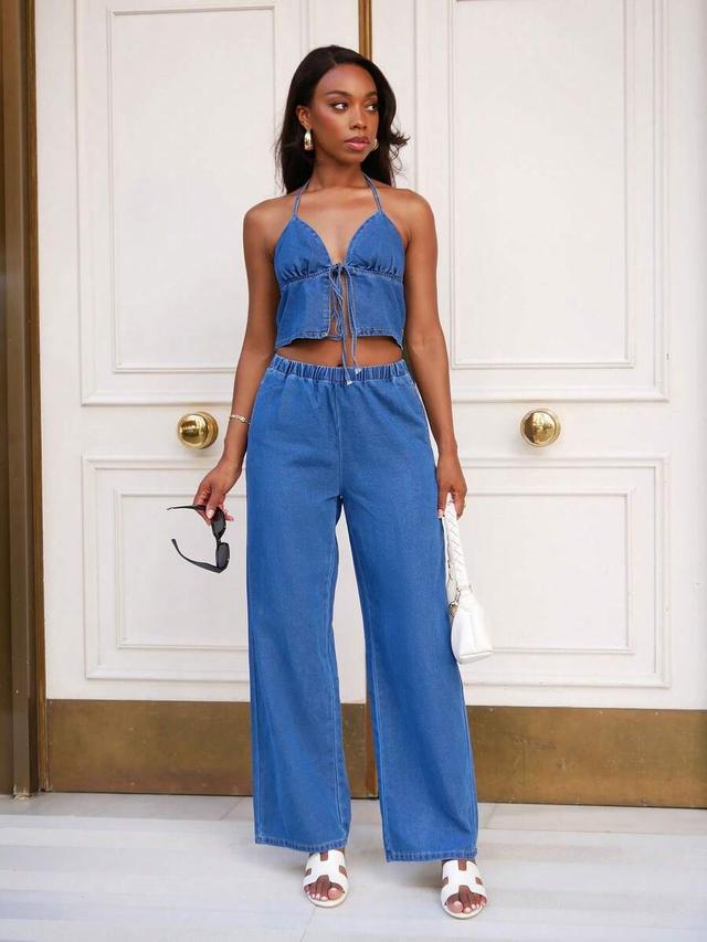 denim halter neck top and elastic waist pants set
