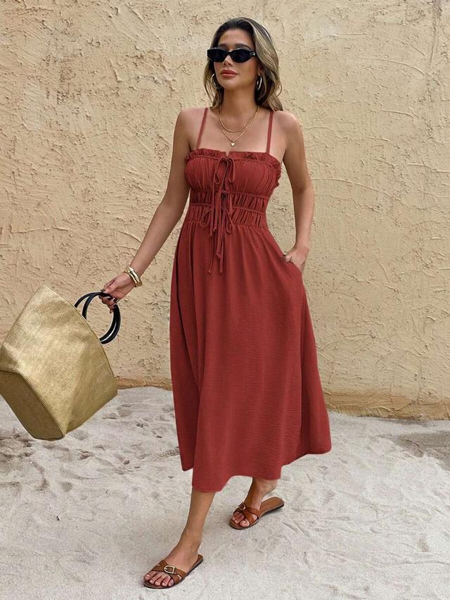 rust brown spaghetti strap ruched tie waist midi dress