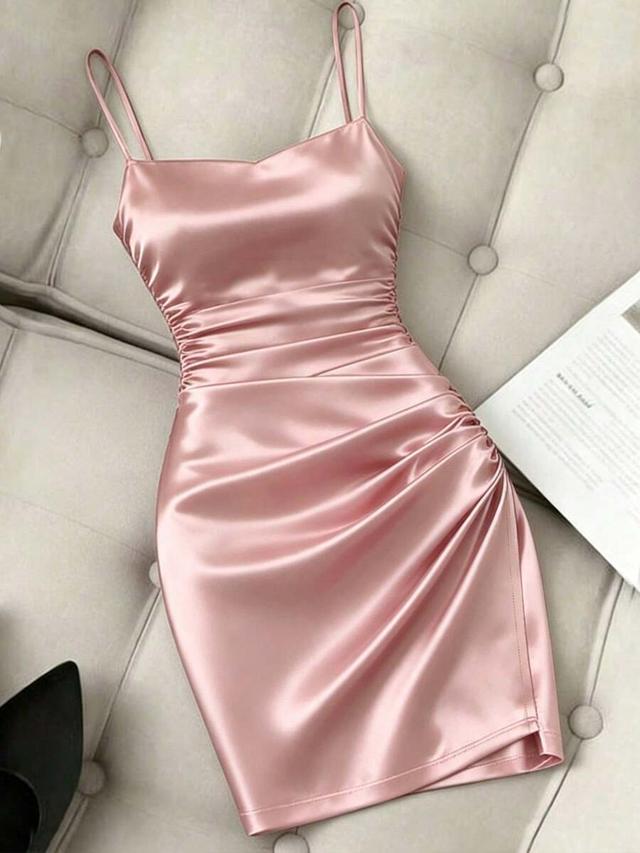 pink satin ruched bodycon mini dress