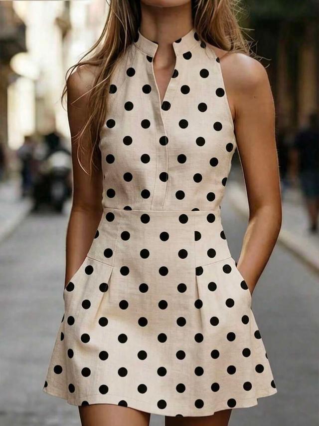 beige polka dot sleeveless short dress