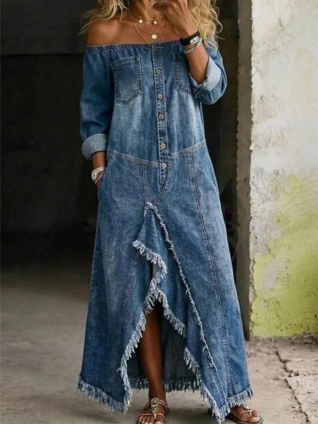 women vintage distressed maxi denim shirt dress
