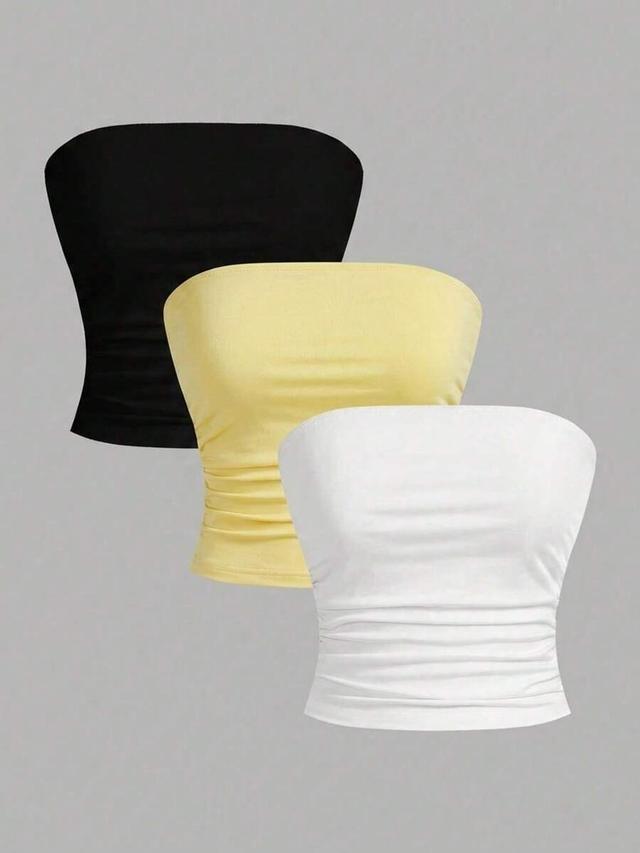 white three ruched fitted bandeau top in black yellow white