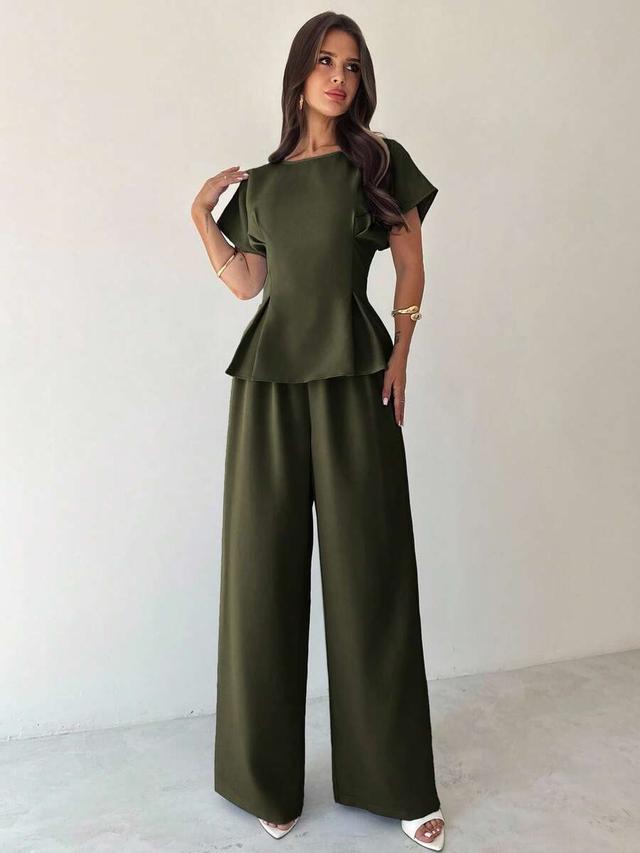 olive green pleated peplum top and wide leg trousers