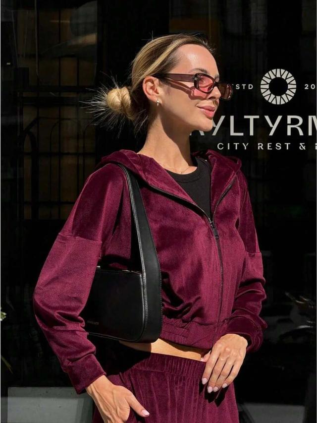 women burgundy velvet zip up crop hoodie and pants
