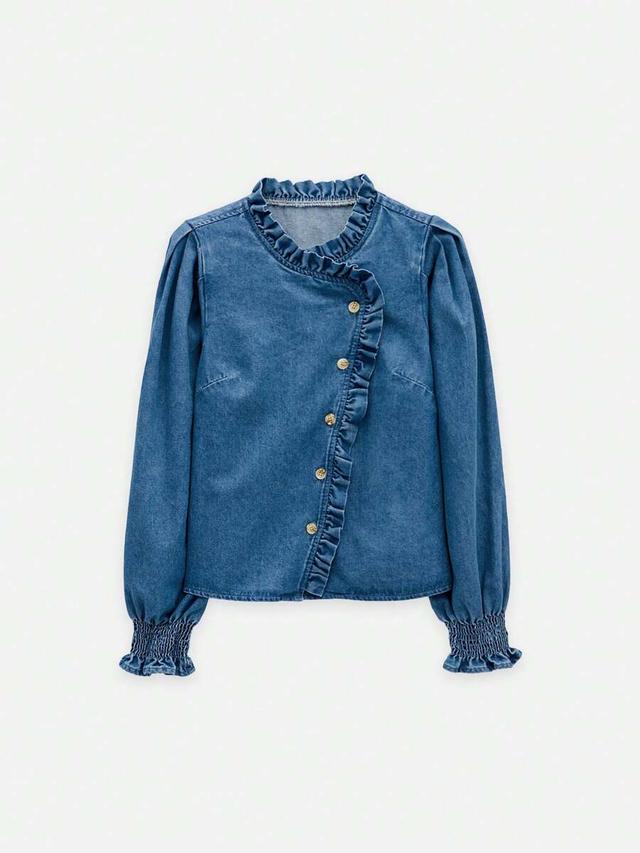 nöista denim ruffle blouse with puff sleeves