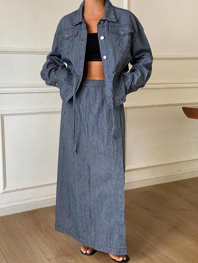 striped denim jacket and a-line skirt set