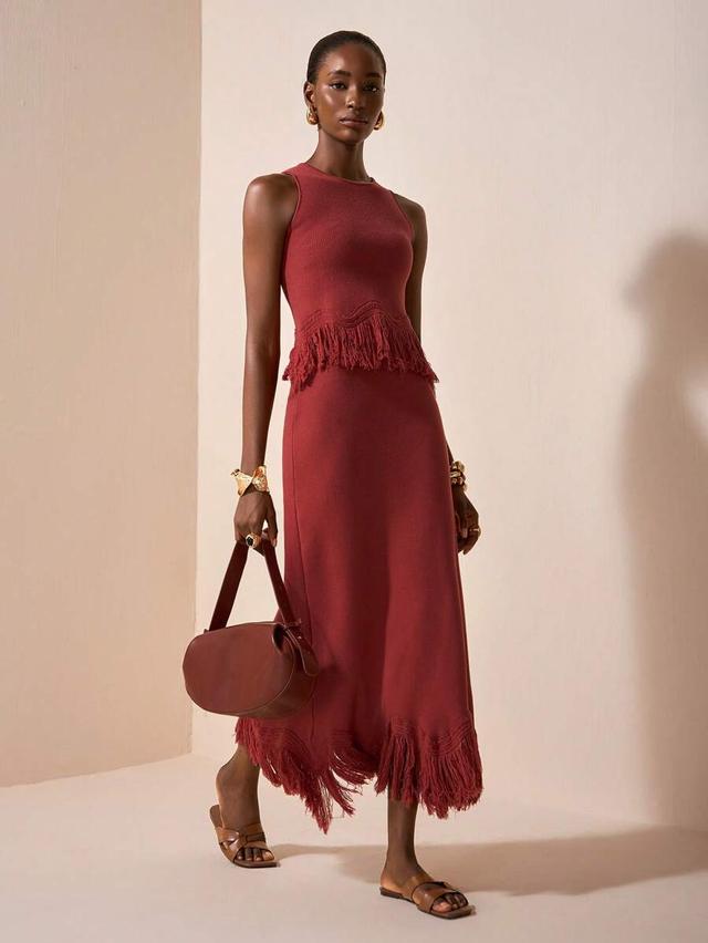 solid color knit sleeveless tasseled two piece set