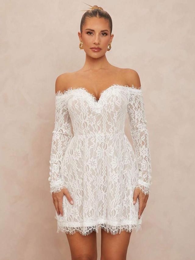 white lace off-shoulder romantic mini dress