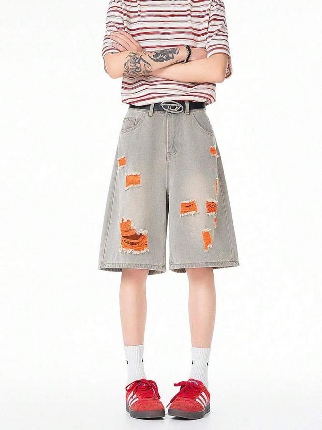 men's washed denim knee-length ripped shorts