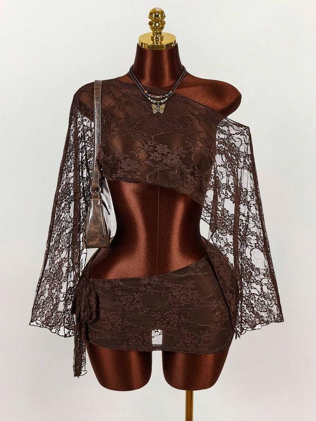 brown lace asymmetric shoulder sheer top