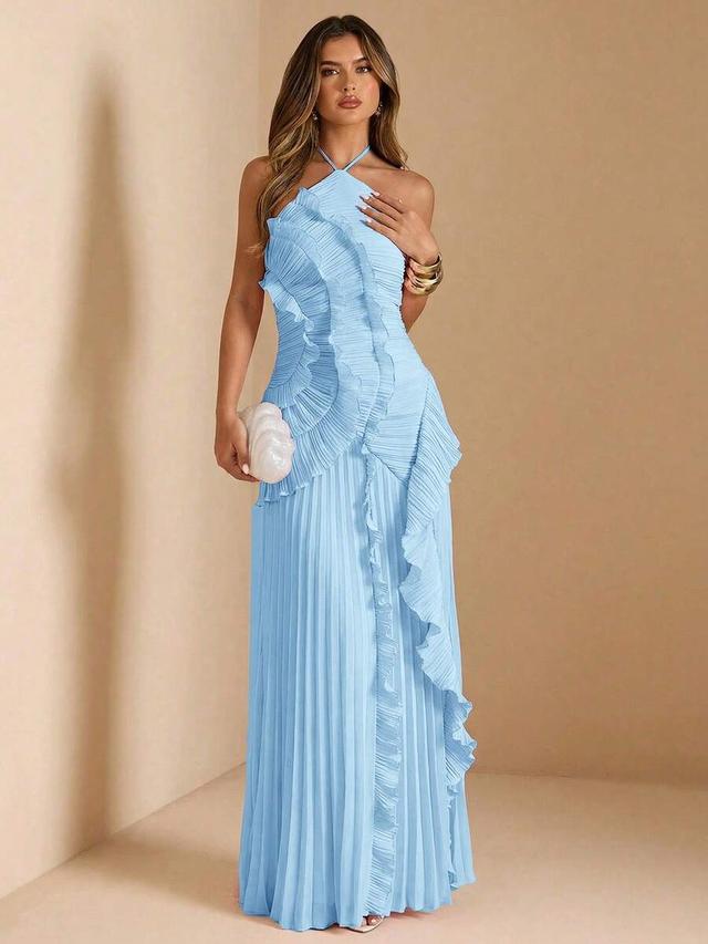 baby blue halter neck pleated high slit dress
